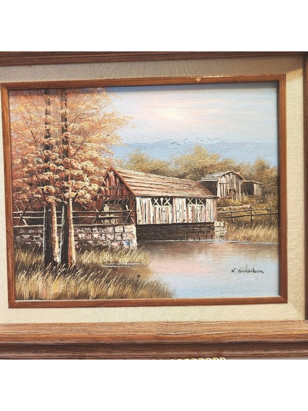 K Michaelson Grist Mill Covered Bridge Fall Oil Painting Signed VTG 15X13 READ